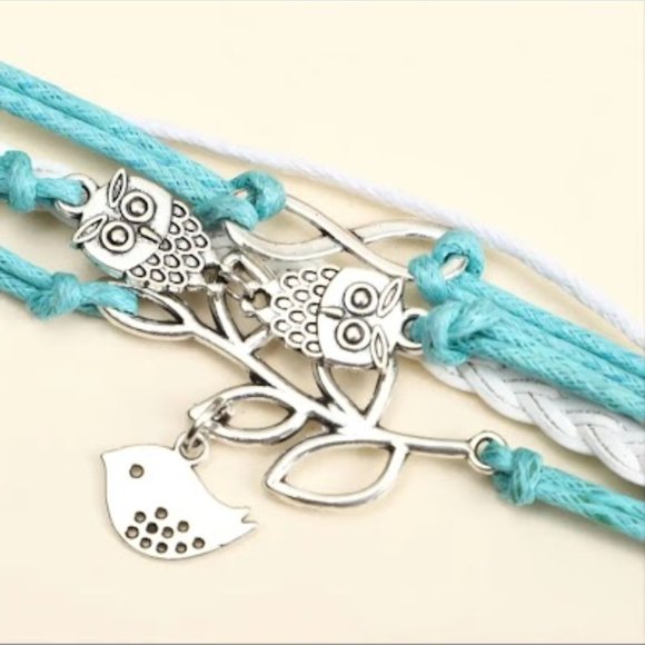 Multilayer Turquoise Color PU Leather Bracelet Owls, Bird, Leaves Infinity Charm - Picture 4 of 5